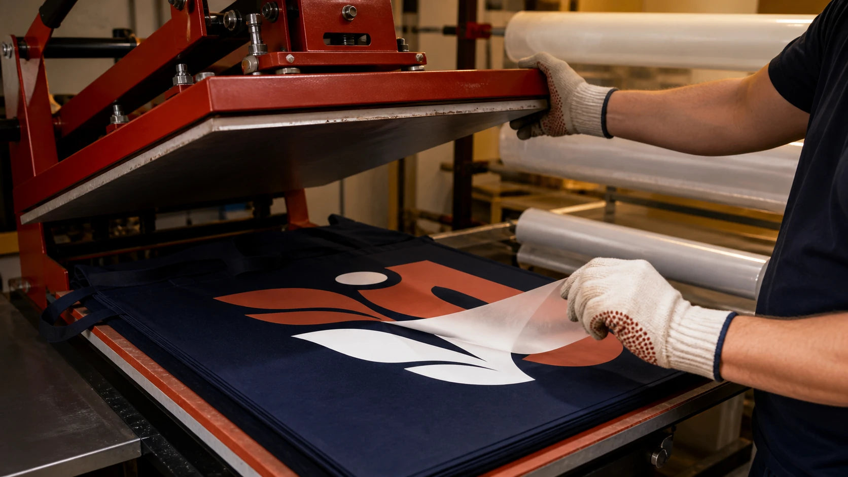Operator peeling transfer film from a printed navy tote panel under an industrial heat press