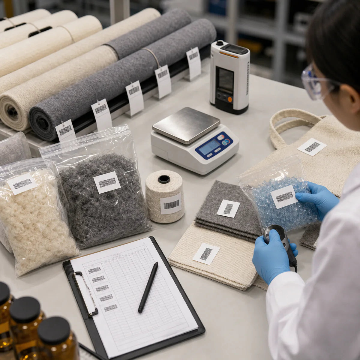Technician tracing recycled PET flakes, recycled fibers, yarn and finished tote bag fabrics by production lot