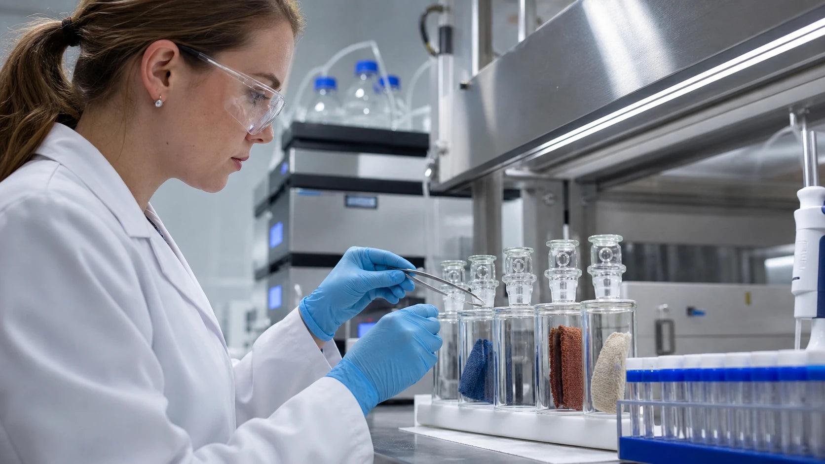 Scientist preparing recycled fabric specimens for restricted substance testing
