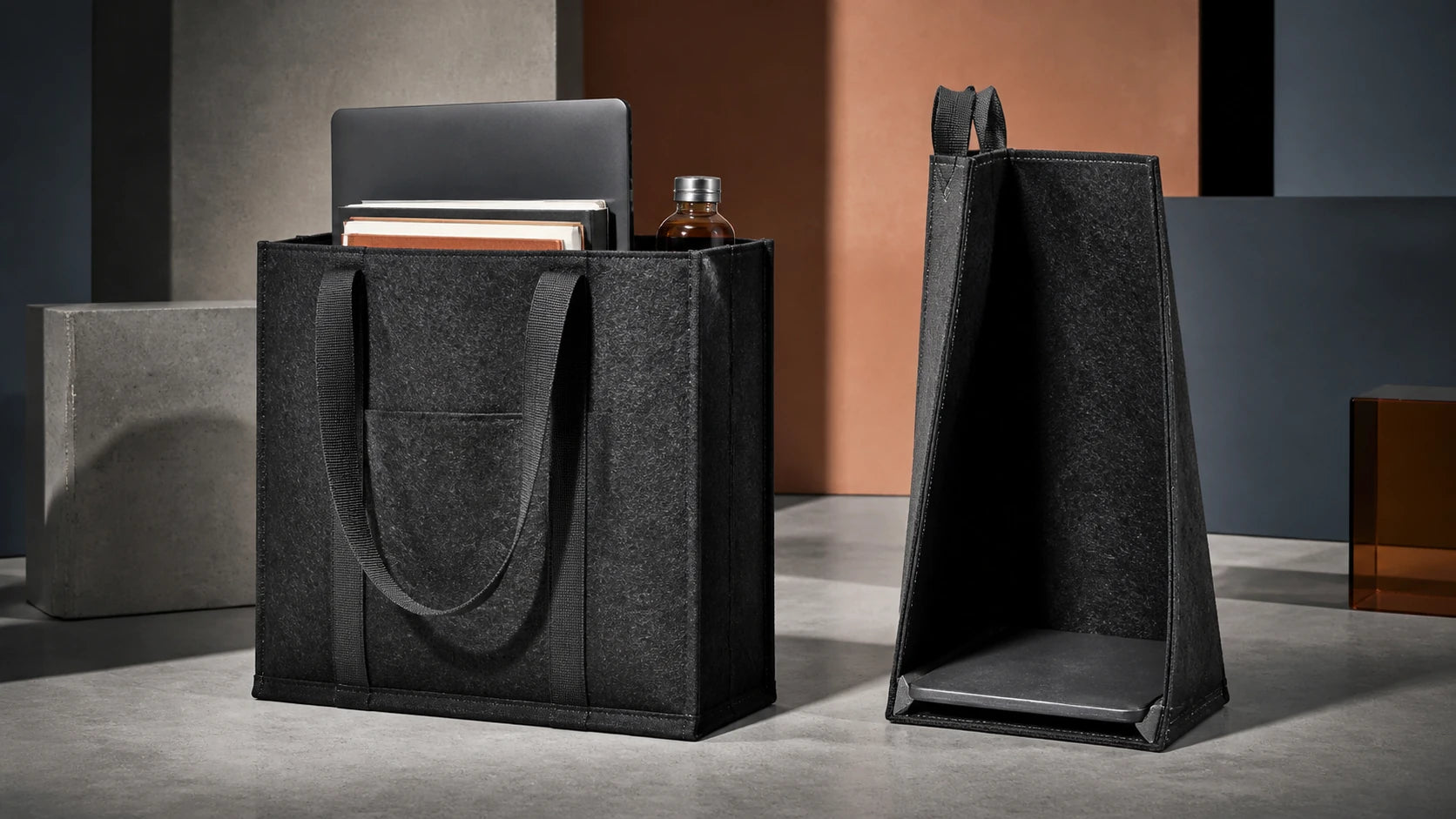 Loaded structured recycled tote and side cutaway showing reinforced base construction
