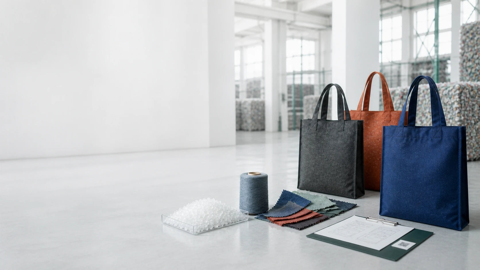 Traceable recycled material journey from PET flakes and yarn to certified custom tote bags