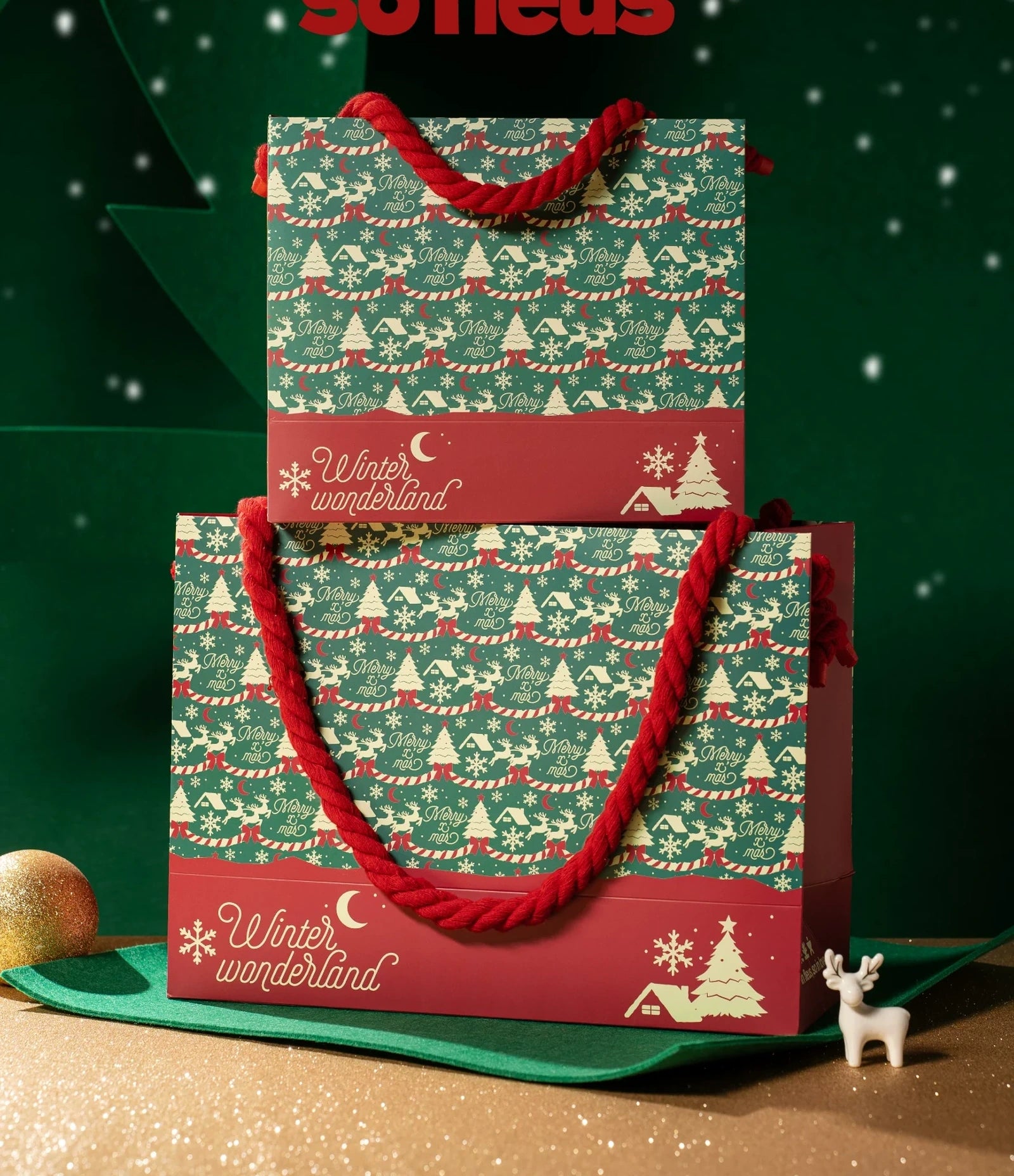 Red and Green Rope-Handle Christmas Paper Gift Bags – product view