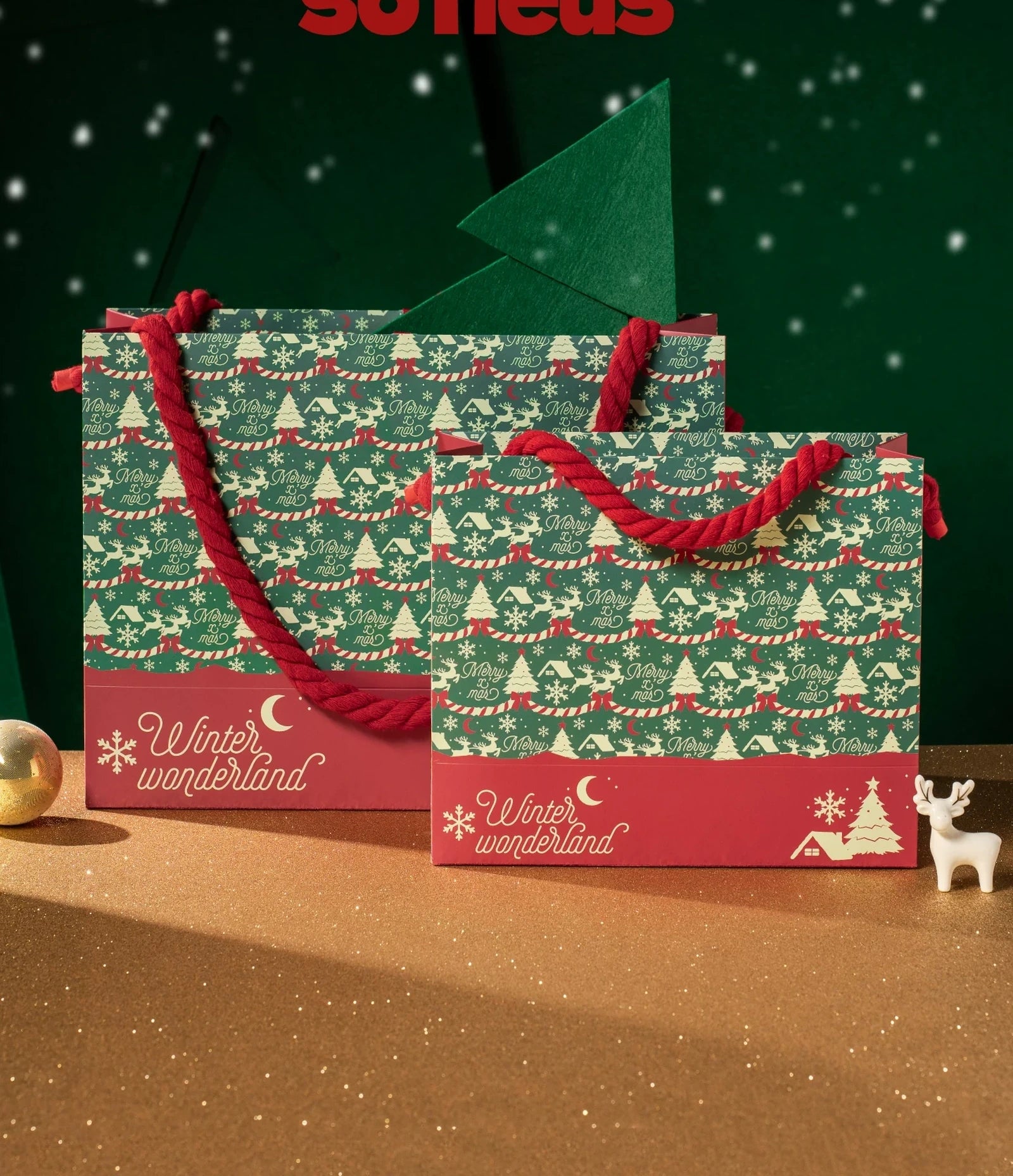 Red and Green Rope-Handle Christmas Paper Gift Bags – product view