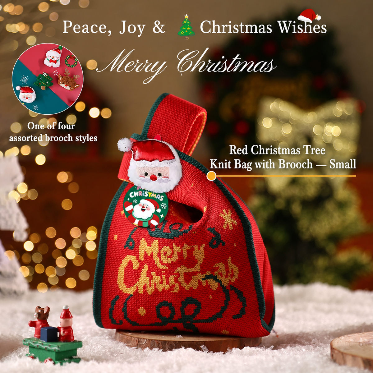 Red Christmas tree knitted Christmas gift bag with brooch