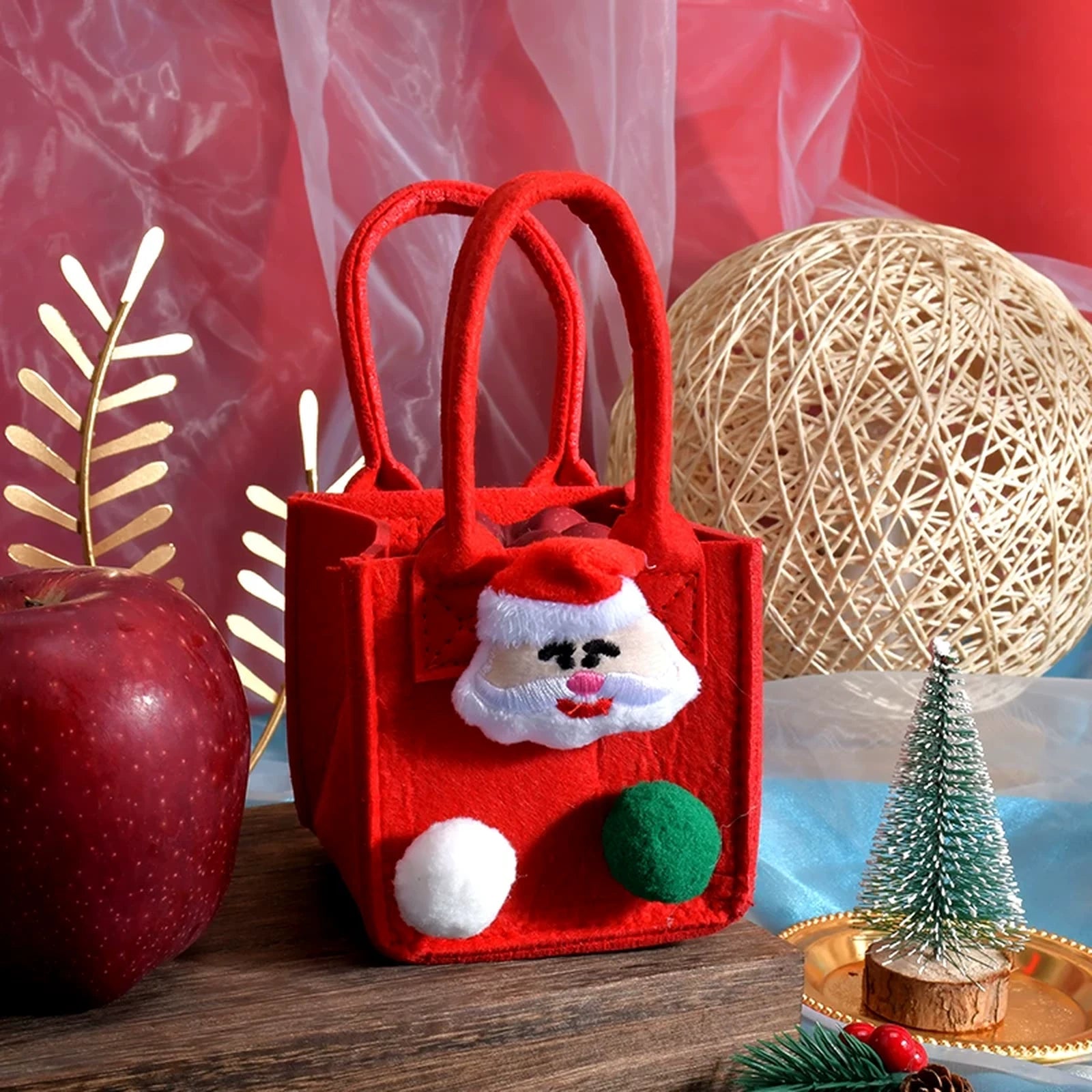 Red felt Christmas mini gift bag with loop handles