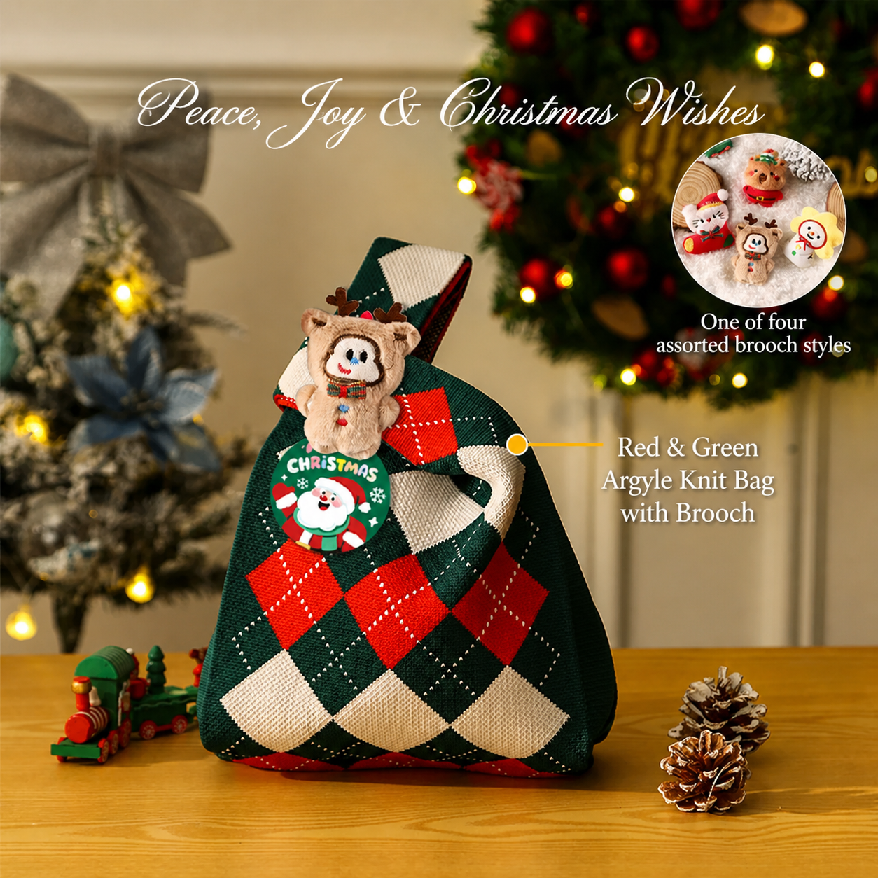 Red and green argyle knitted Christmas gift bag with brooch