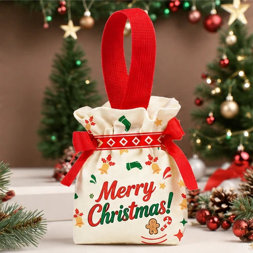 Small red canvas Christmas drawstring gift bag with Merry Christmas artwork