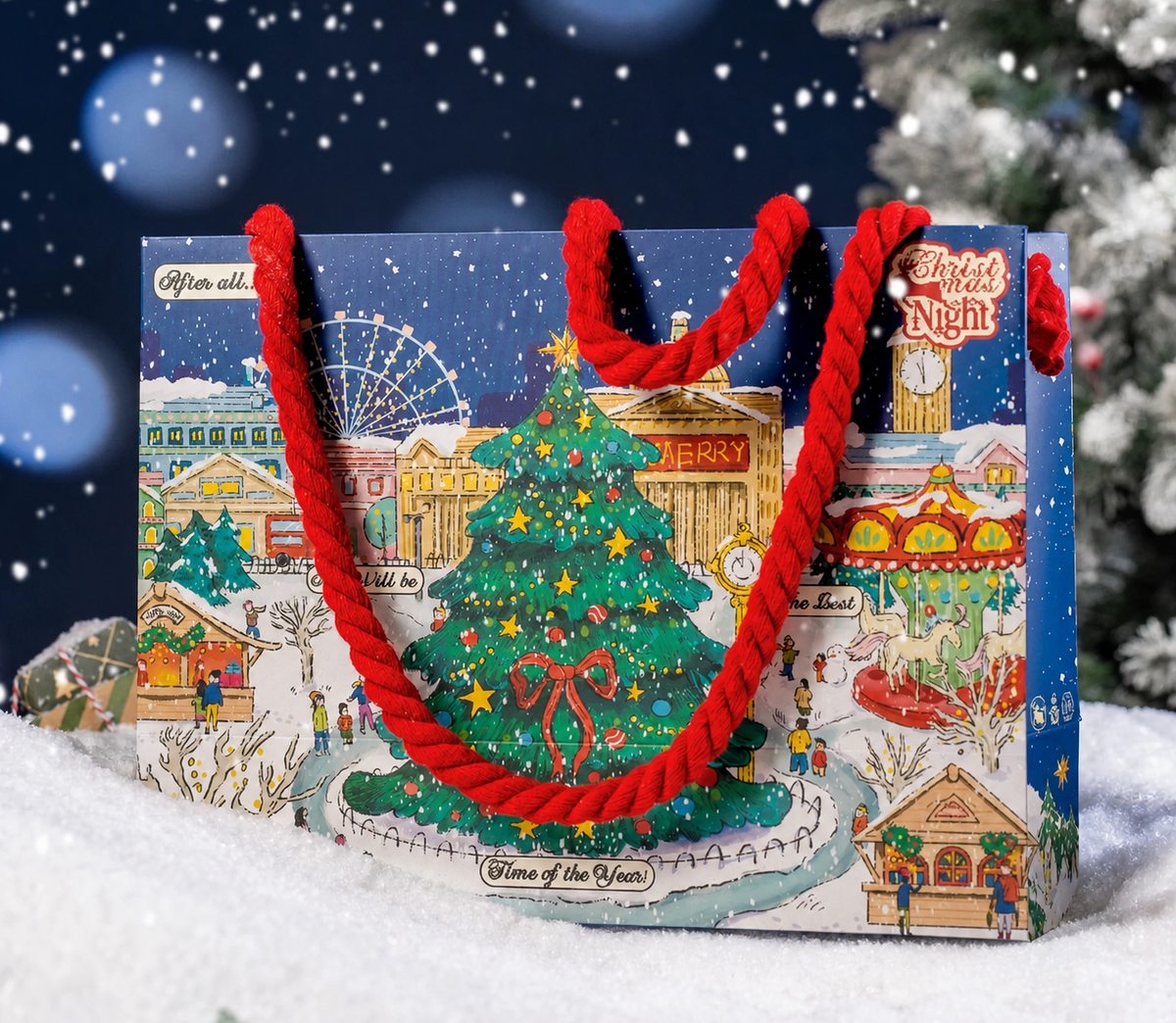 Large rope-handle Christmas paper gift bag with winter scene