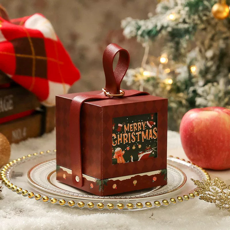 Red square Christmas apple gift box with loop handle