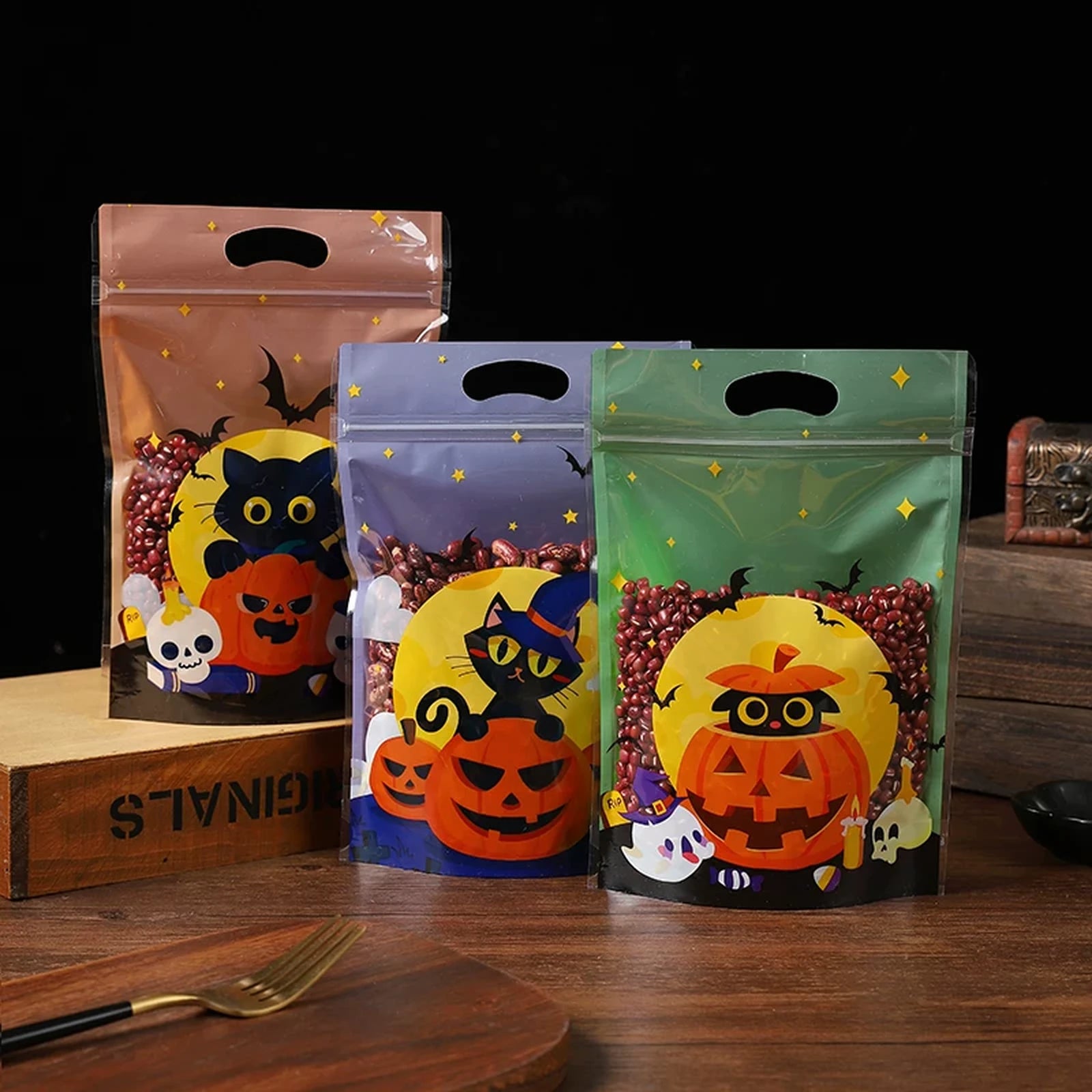 Resealable Halloween Treat Pouches with Die-Cut Handles