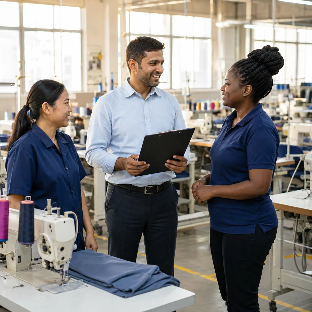 Auditor speaking with textile workers in a bright responsible factory
