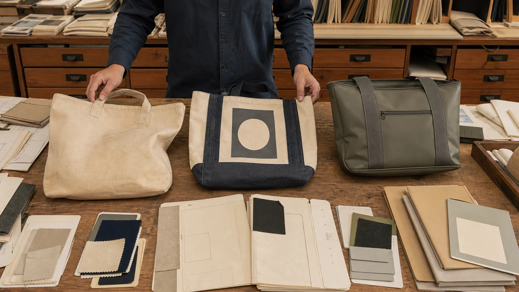 Reusable bag design archive showing early canvas, gusseted retail and modern zippered samples
