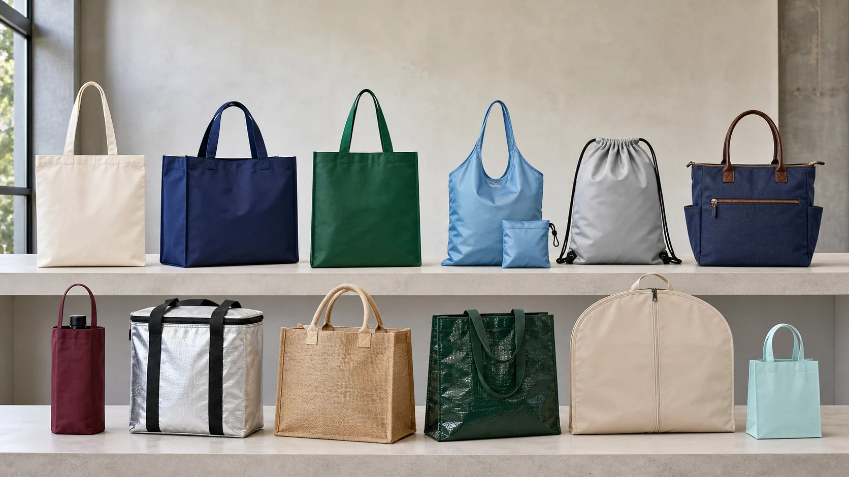Matrix of reusable bag silhouettes including grocery, foldable, insulated, jute and garment styles