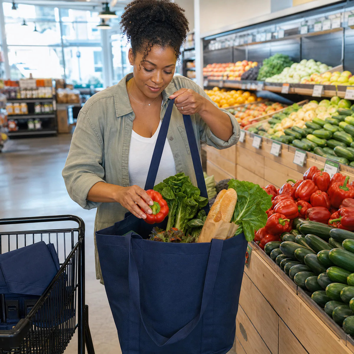 Shopper loading produce into a reinforced navy reusable grocery tote with a wide gusset