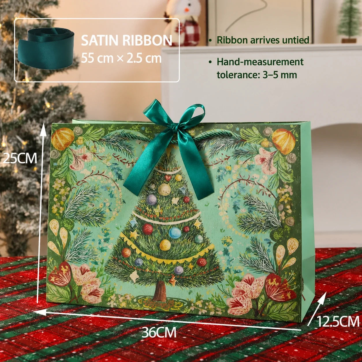 Large green Christmas paper gift bag with ribbon closure, 36 by 25 by 12.5 centimeters