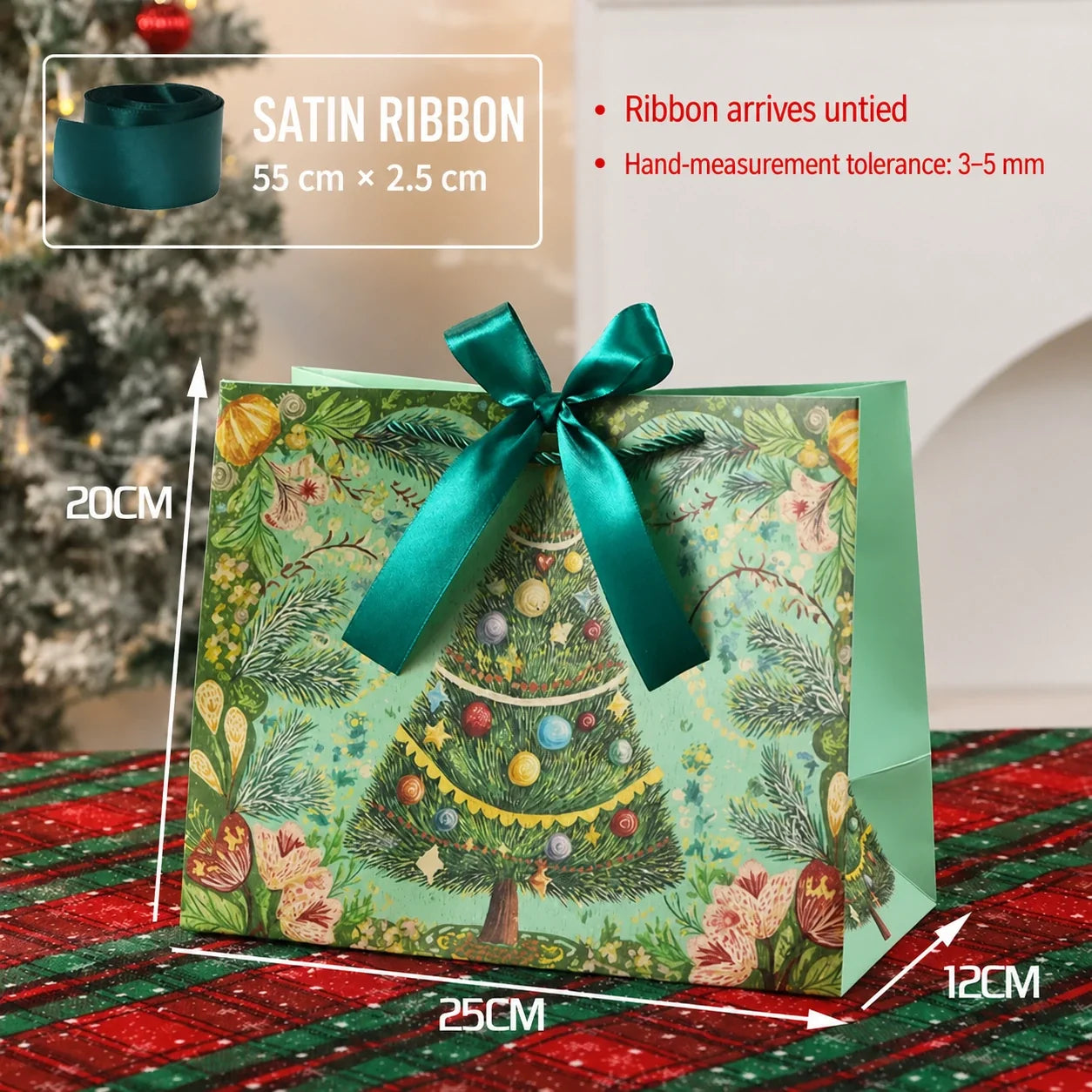 Medium green Christmas paper gift bag with ribbon closure, 25 by 20 by 12 centimeters