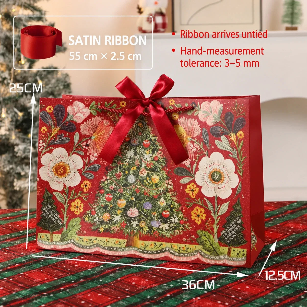 Large red Christmas paper gift bag with ribbon closure, 36 by 25 by 12.5 centimeters