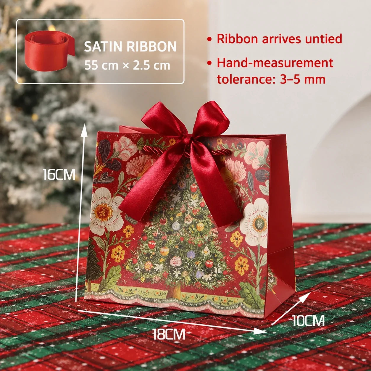 Small red Christmas paper gift bag with ribbon closure, 18 by 16 by 10 centimeters