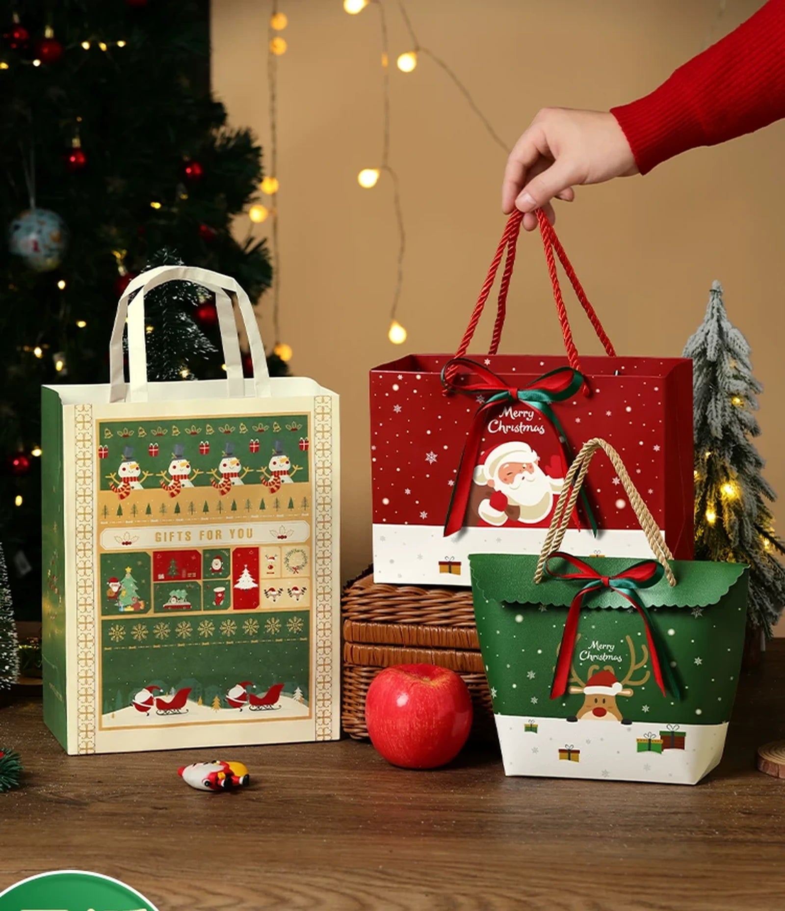 Ribbon-Detail Christmas Paper Gift Bags with Rope Handles – product view