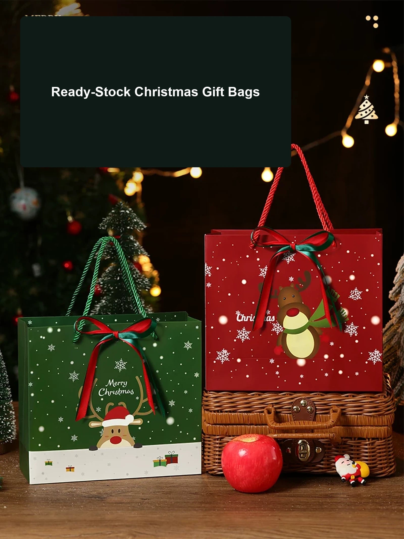 Ribbon-Detail Christmas Paper Gift Bags with Rope Handles – product view