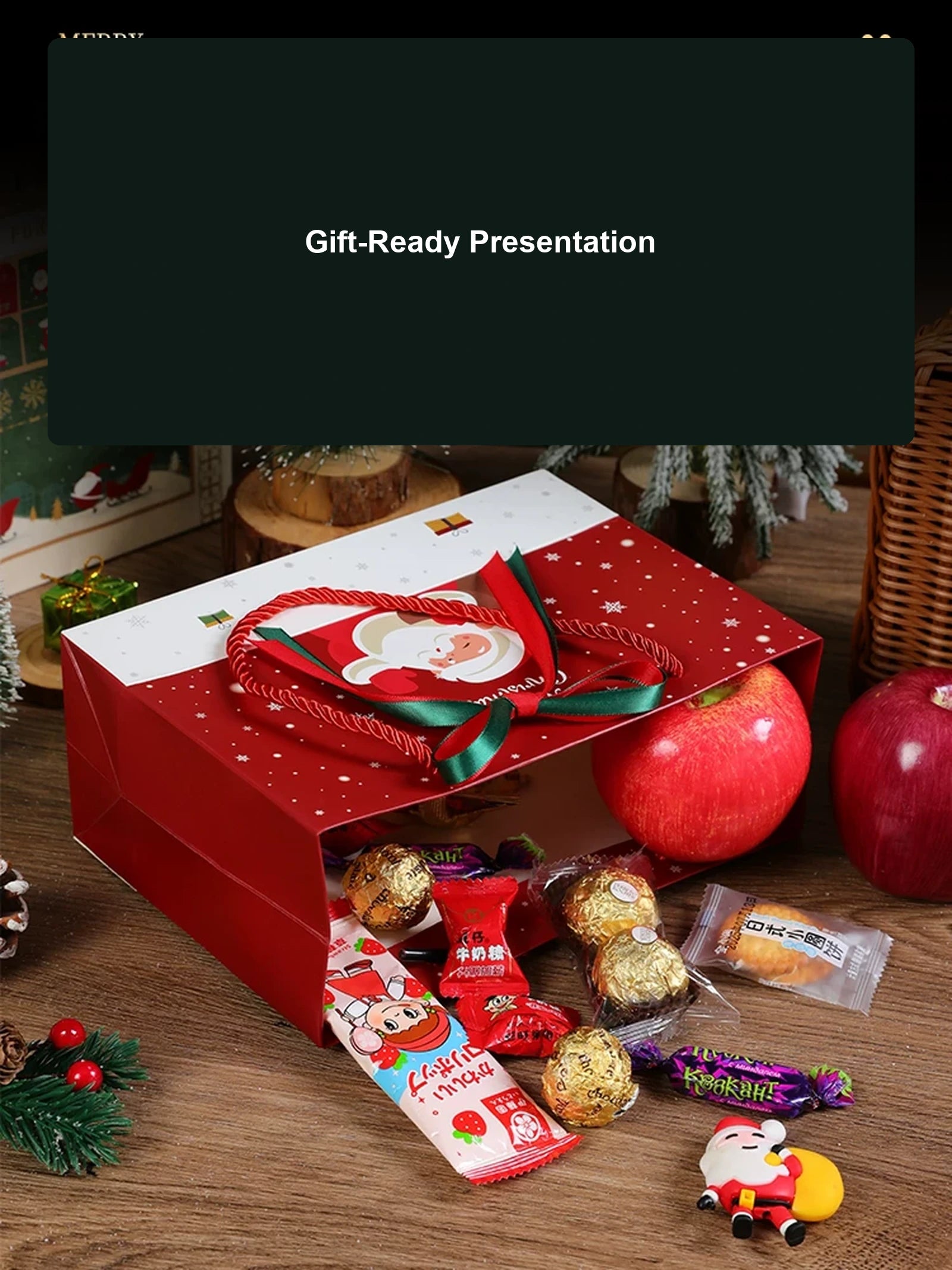 Ribbon-Detail Christmas Paper Gift Bags with Rope Handles – product view