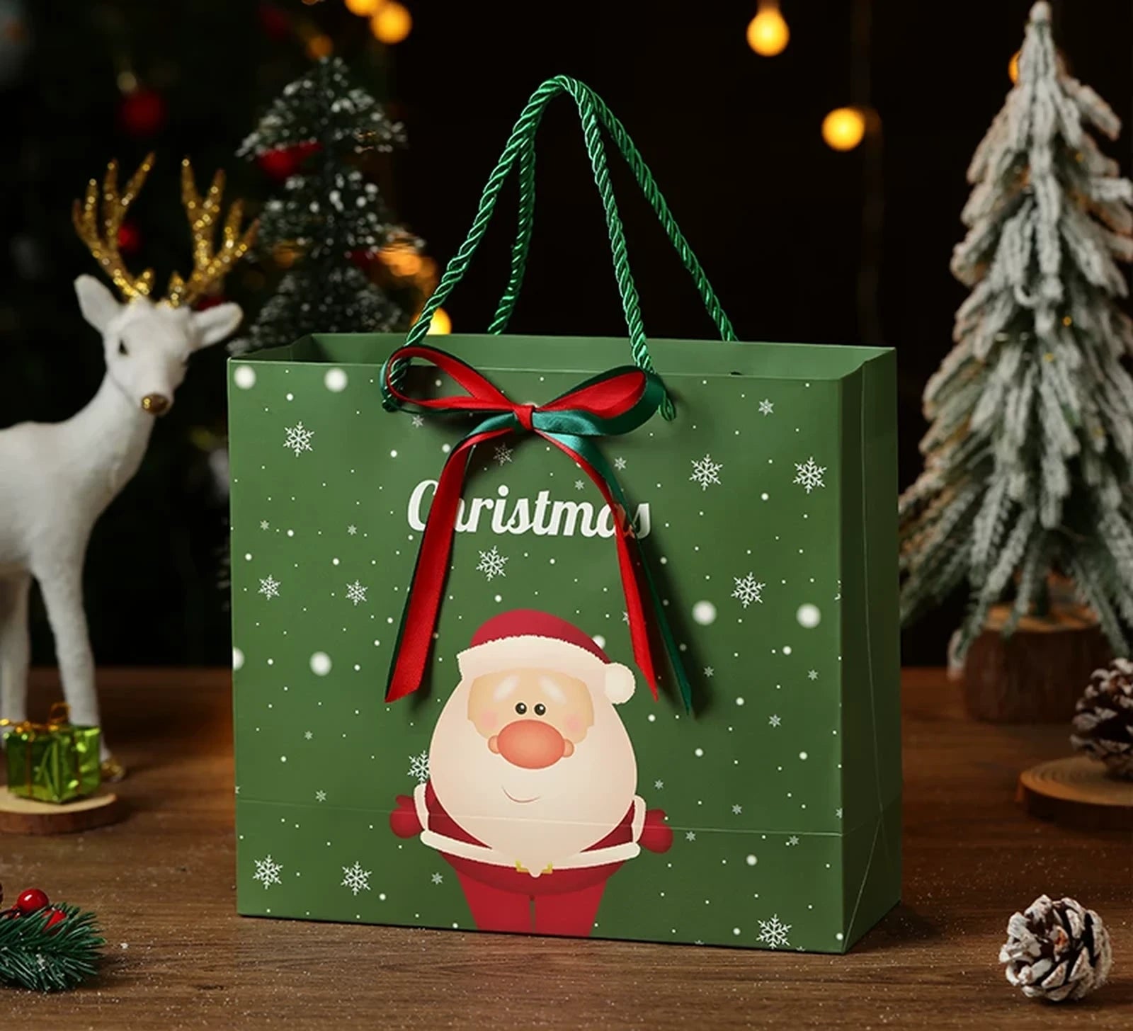 Ribbon-Detail Christmas Paper Gift Bags with Rope Handles – ready-stock variant