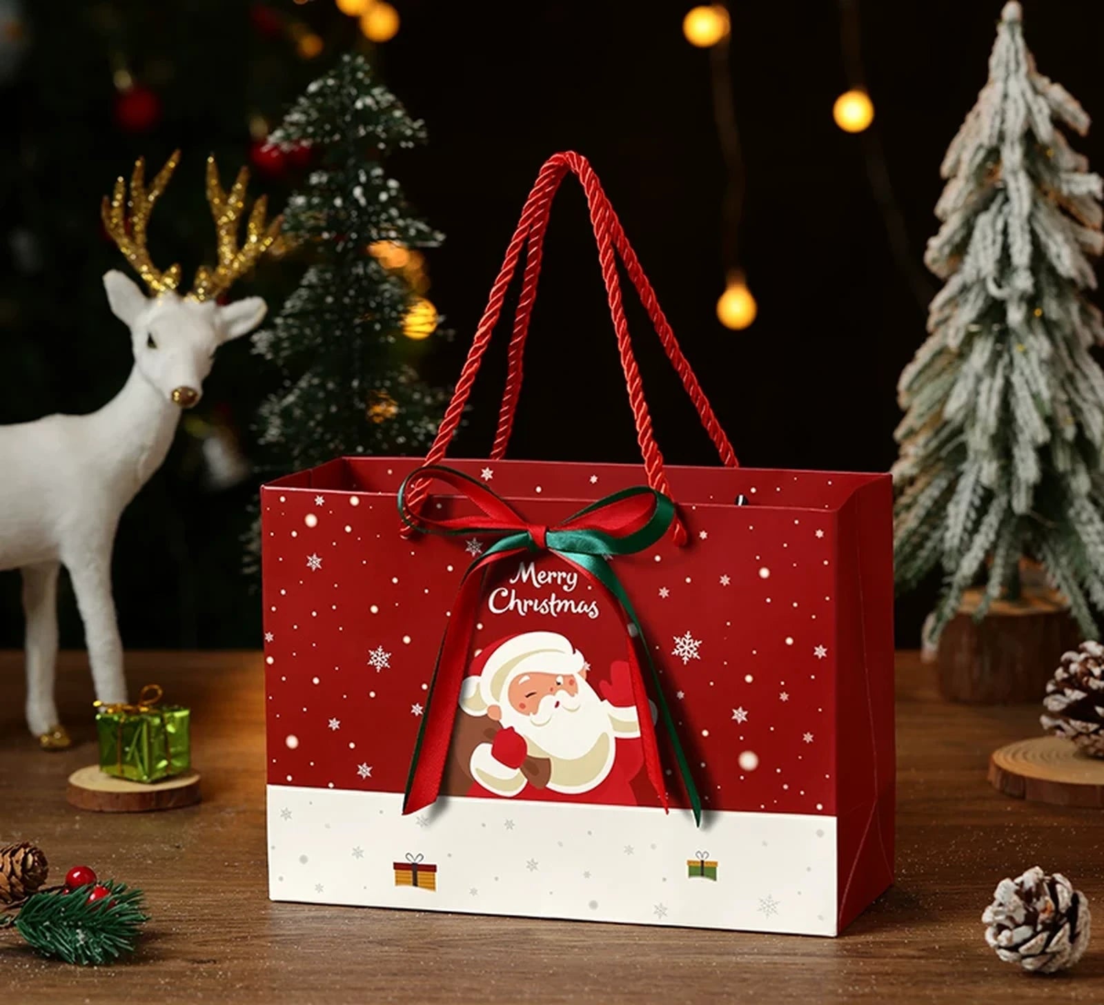Ribbon-Detail Christmas Paper Gift Bags with Rope Handles – ready-stock variant