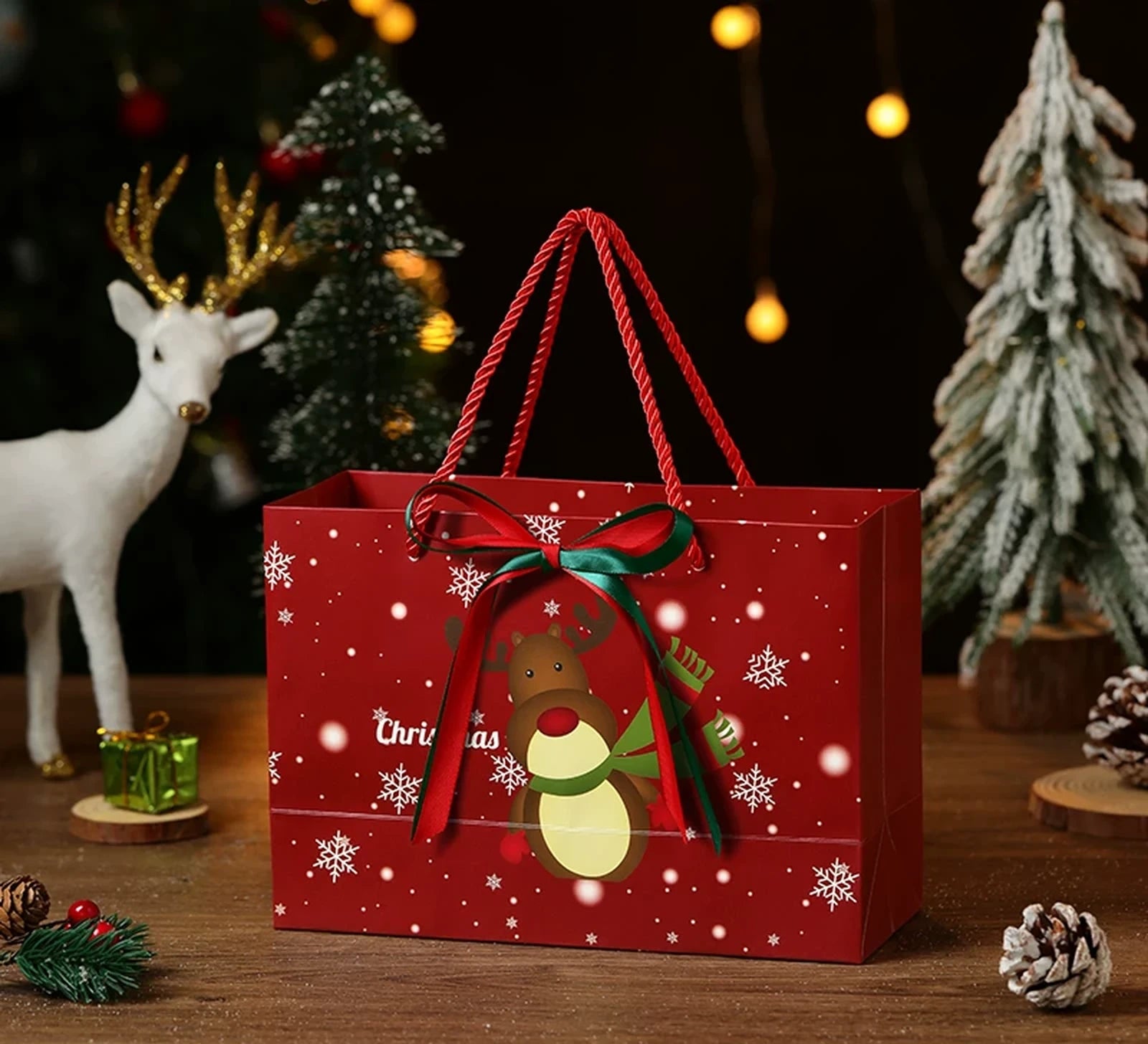 Ribbon-Detail Christmas Paper Gift Bags with Rope Handles – ready-stock variant