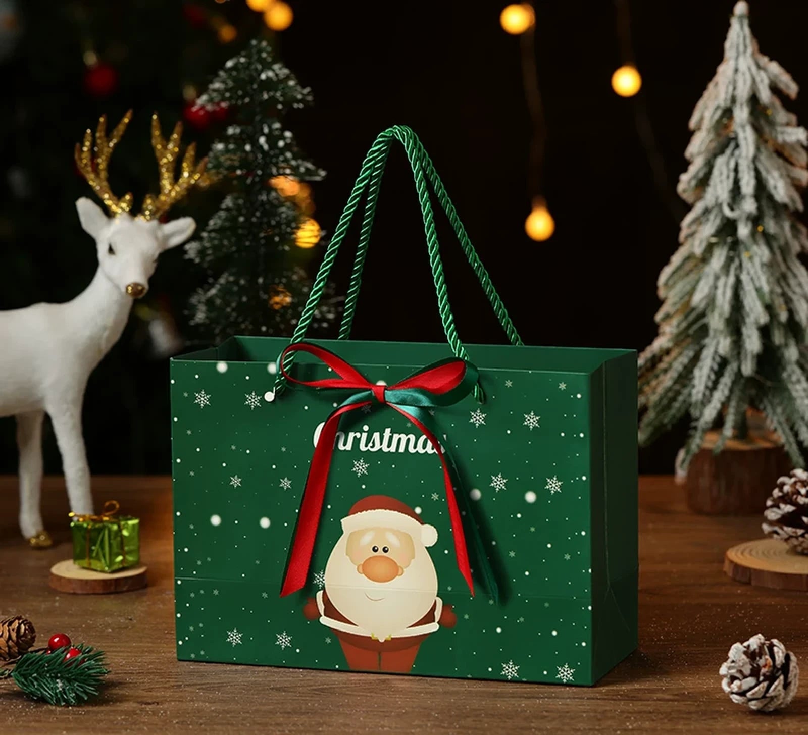 Ribbon-Detail Christmas Paper Gift Bags with Rope Handles – ready-stock variant