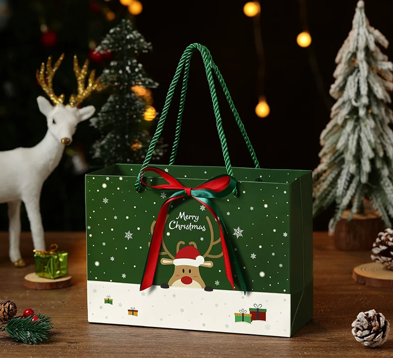 Ribbon-Detail Christmas Paper Gift Bags with Rope Handles – ready-stock variant