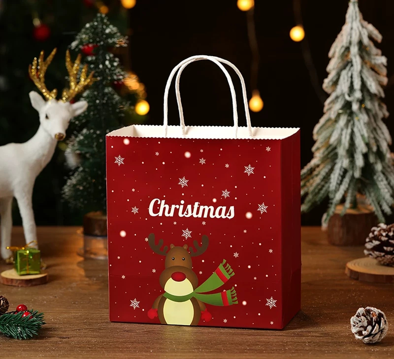 Ribbon-Detail Christmas Paper Gift Bags with Rope Handles – ready-stock variant