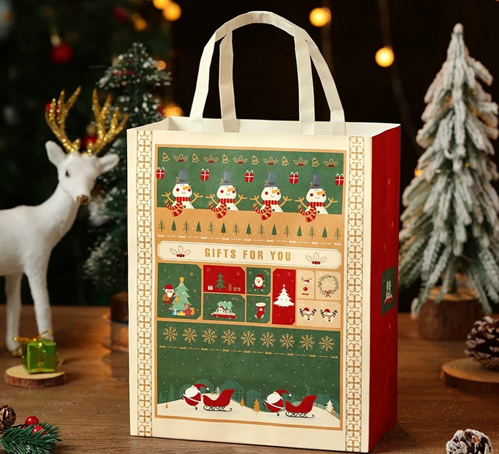 Ribbon-Detail Christmas Paper Gift Bags with Rope Handles – ready-stock variant
