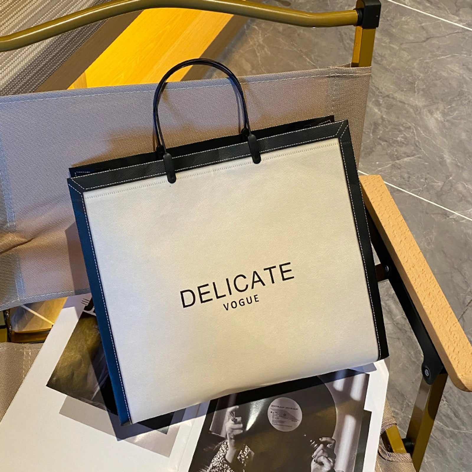 Ribbon Gift Non-Woven Tote Bags — 4 Styles — Beige with Black Trim — DELCATE Print