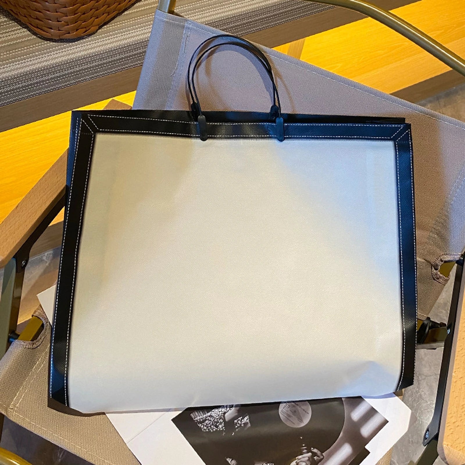 Ribbon Gift Non-Woven Tote Bags — 4 Styles — Beige with Black Trim — Plain
