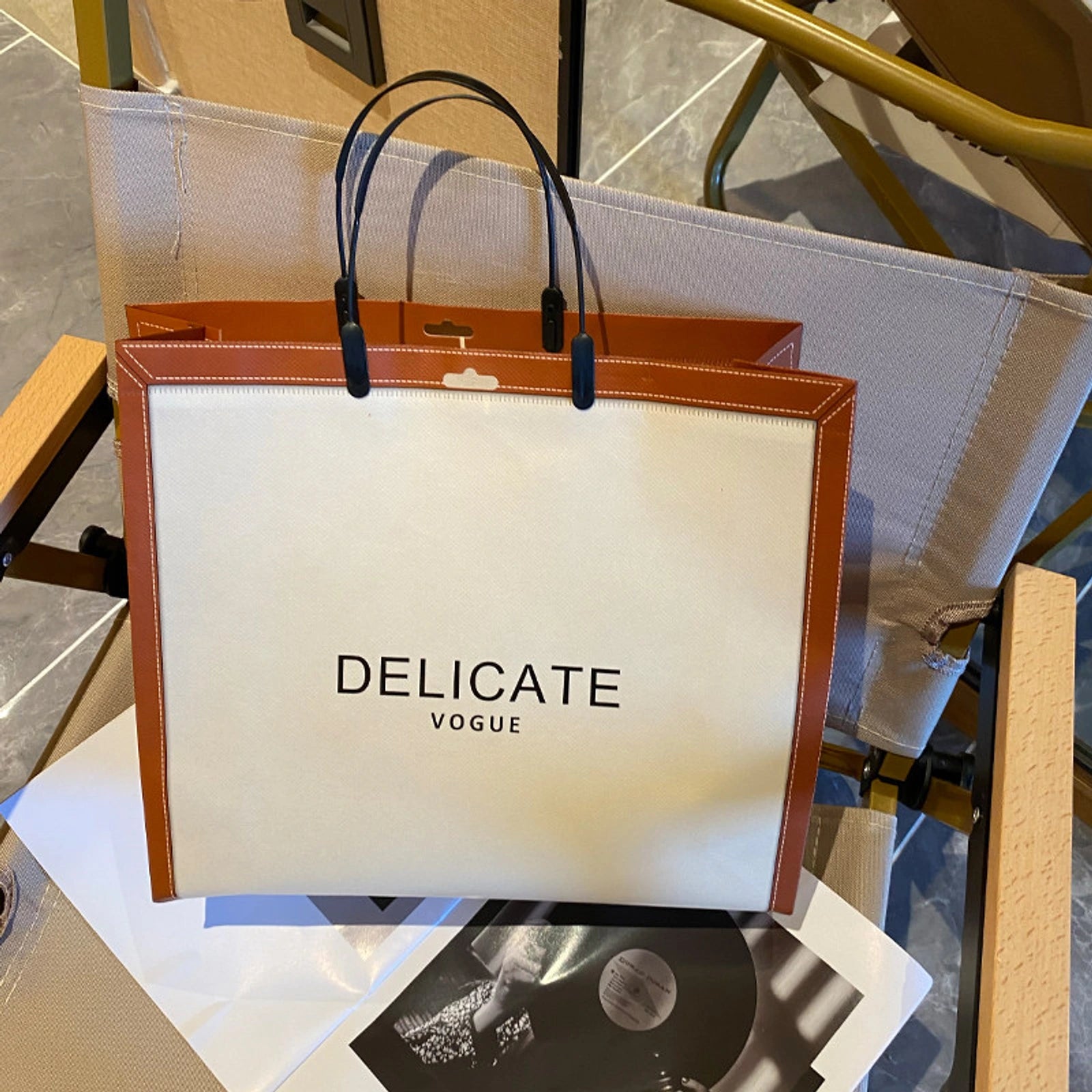 Ribbon Gift Non-Woven Tote Bags — 4 Styles — Beige with Coffee Trim — DELCATE Print