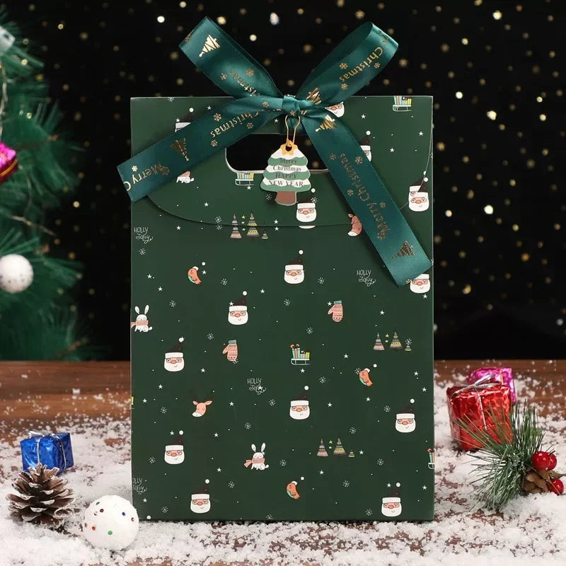 Green large Christmas paper gift bag with ribbon handle