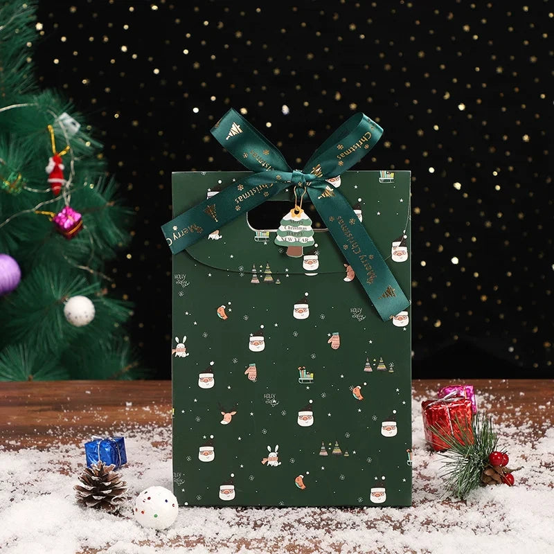 Green medium Christmas paper gift bag with ribbon handle