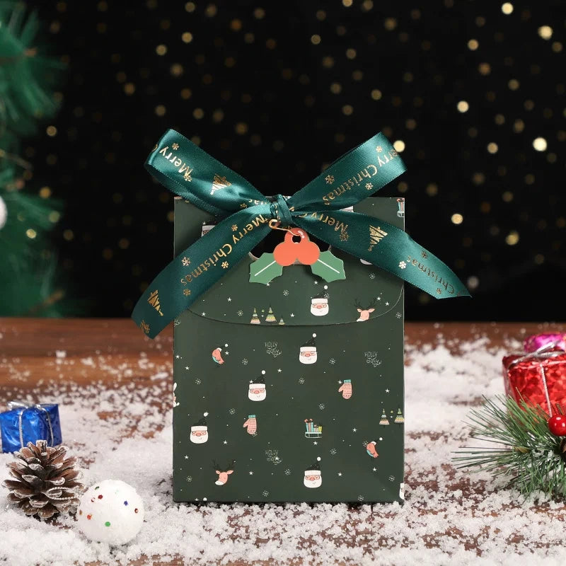 Green small Christmas paper gift bag with ribbon handle