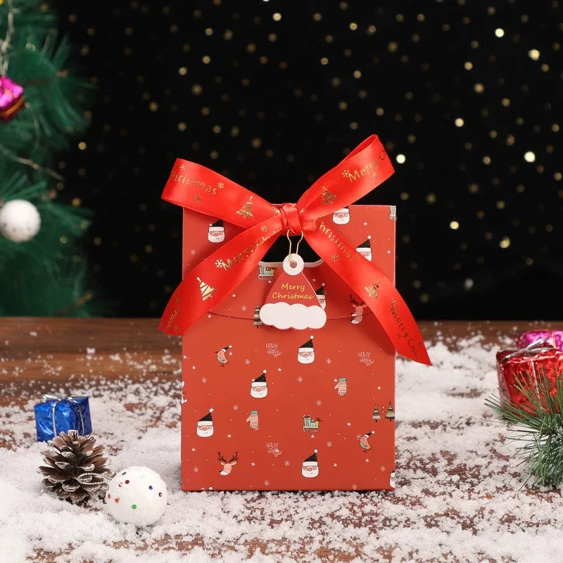 Red small Christmas paper gift bag with ribbon handle