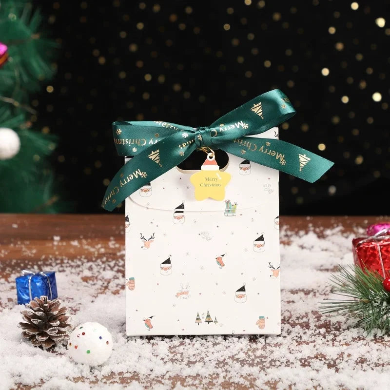 White small Christmas paper gift bag with ribbon handle