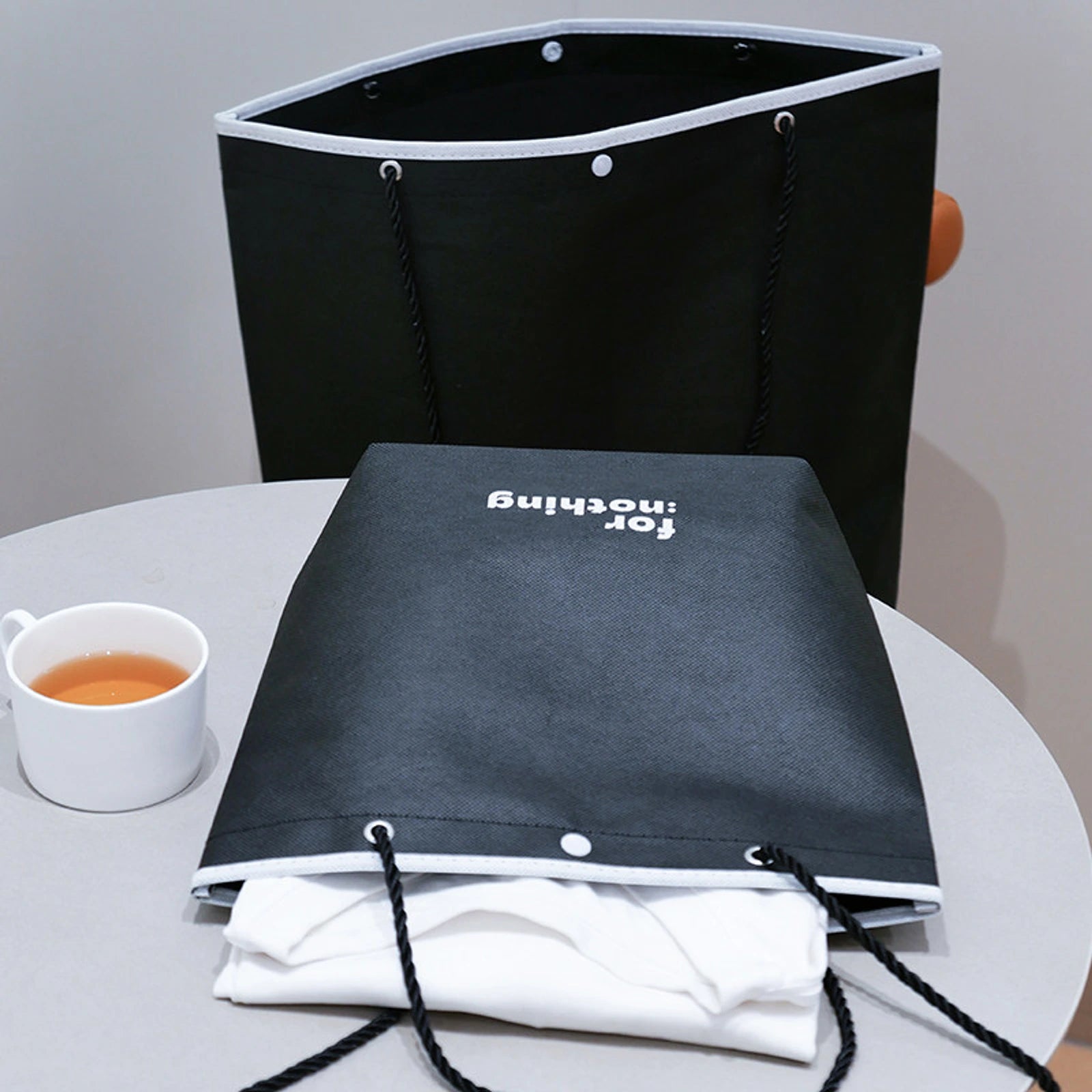 Rope-Handle Stitched Non-Woven Tote Bags — 7 Styles — Inverted Trapezoid — Black & White