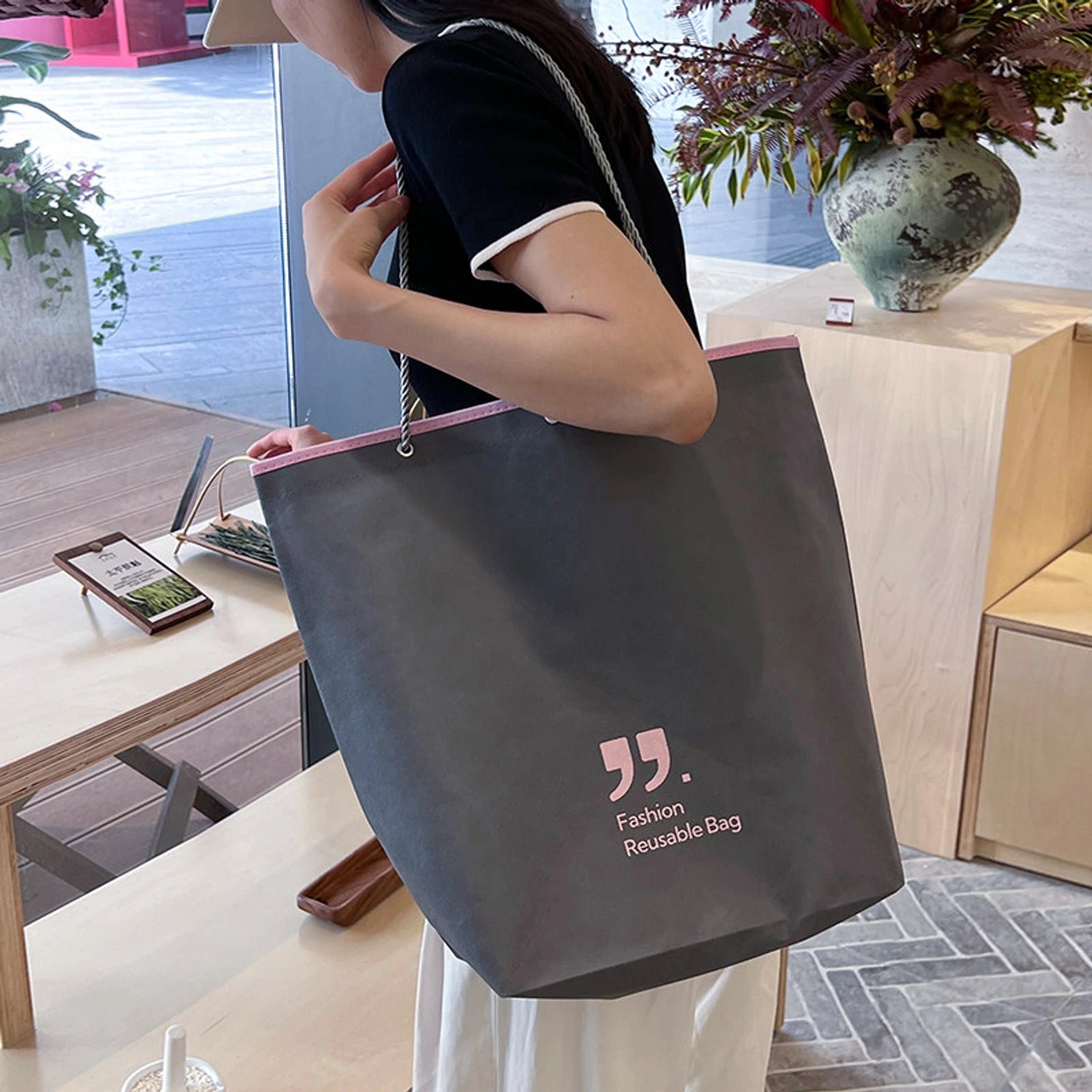 Rope-Handle Stitched Non-Woven Tote Bags — 7 Styles — Inverted Trapezoid — Dusty Pink