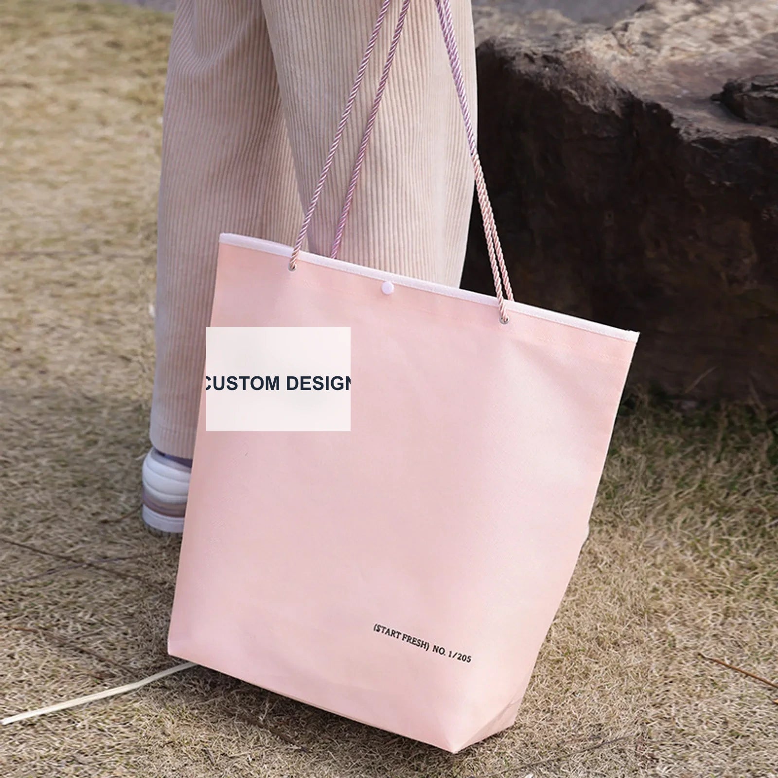 Rope-Handle Stitched Non-Woven Tote Bags — 7 Styles — Inverted Trapezoid — Pink