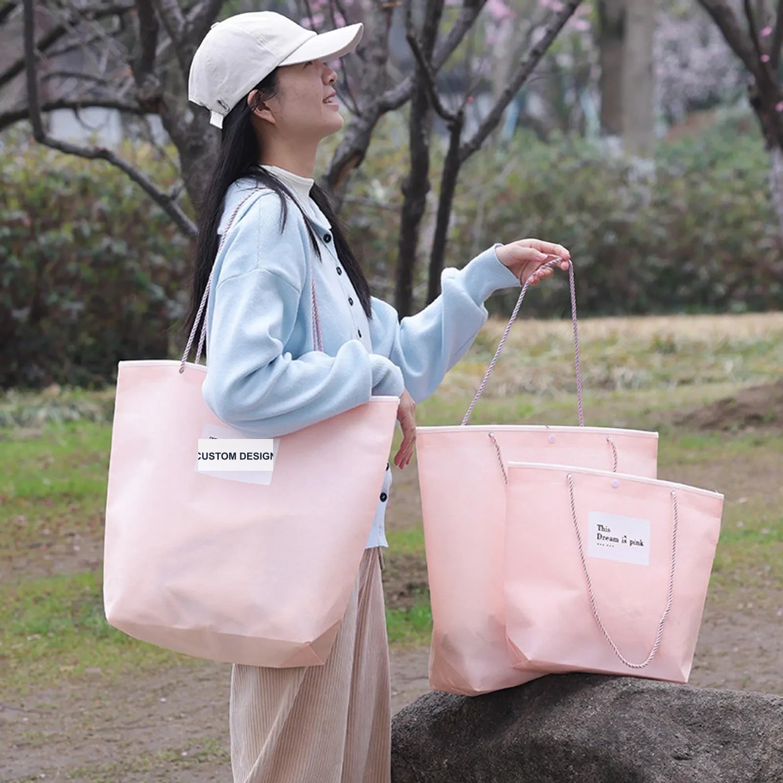 Rope-Handle Stitched Non-Woven Tote Bags — 7 Styles — Inverted Trapezoid — PinkWhite Block