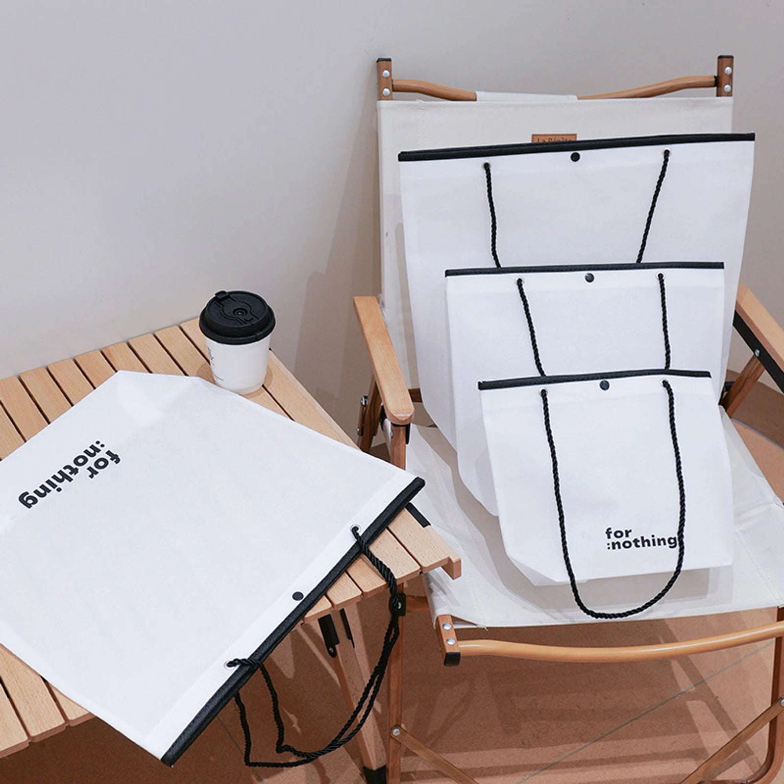 Rope-Handle Stitched Non-Woven Tote Bags — 7 Styles — Inverted Trapezoid — White