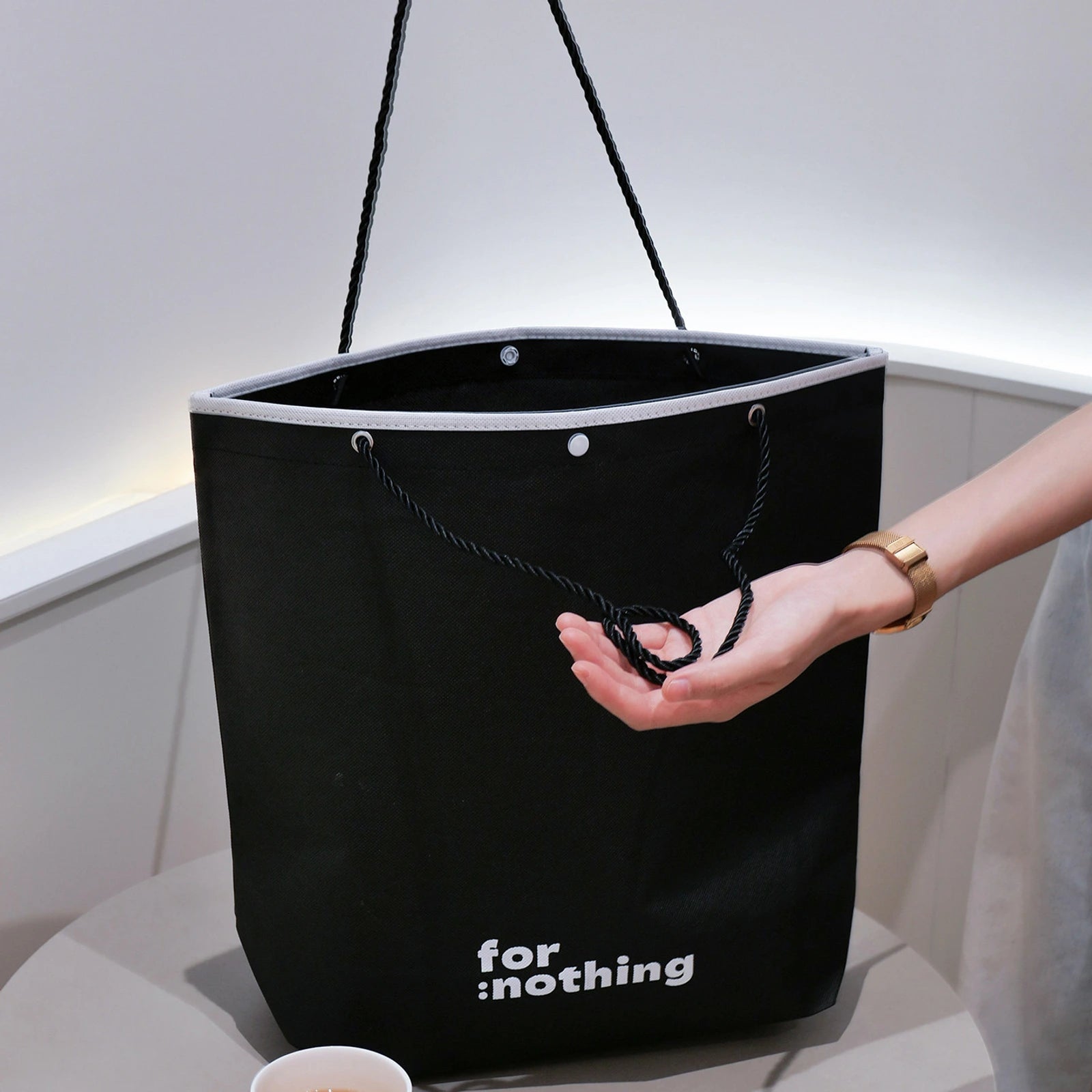 Rope-Handle Stitched Non-Woven Tote Bags — 8 Styles — Inverted Trapezoid — Black