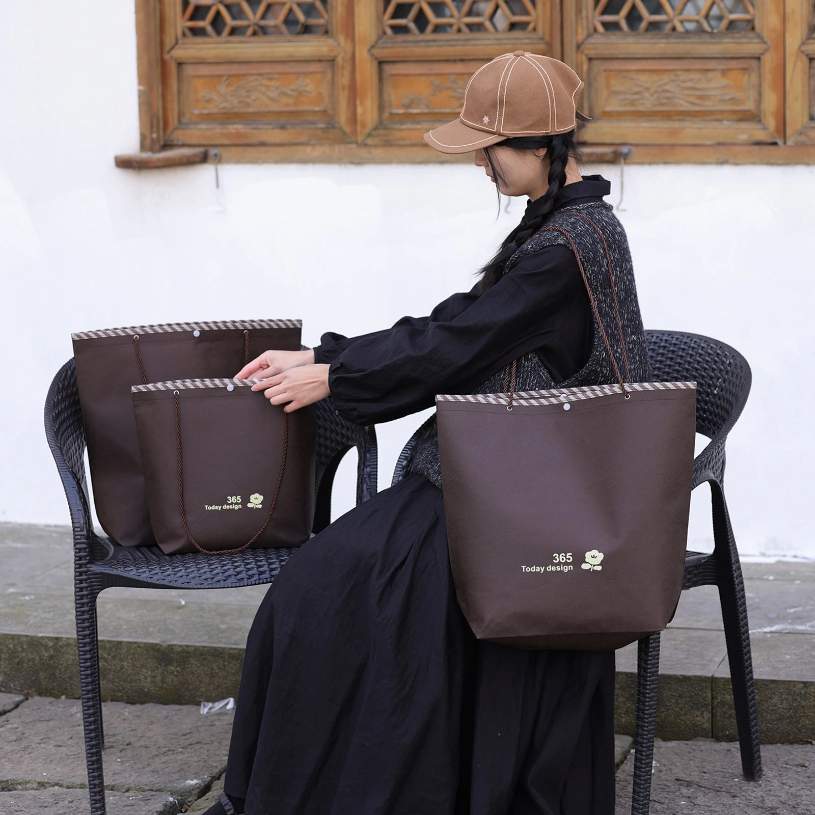 Rope-Handle Stitched Non-Woven Tote Bags — 8 Styles — Inverted Trapezoid — Coffee Brown