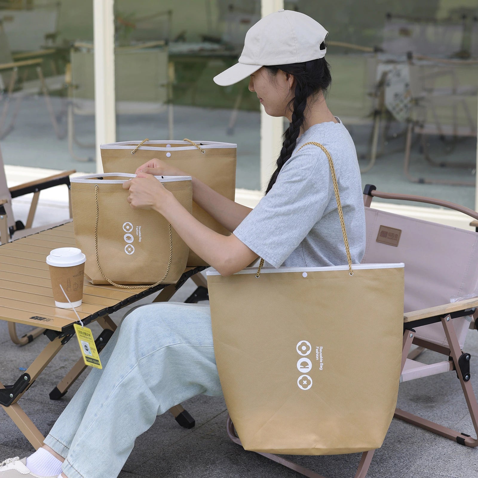 Rope-Handle Stitched Non-Woven Tote Bags — 8 Styles — Inverted Trapezoid — Khaki