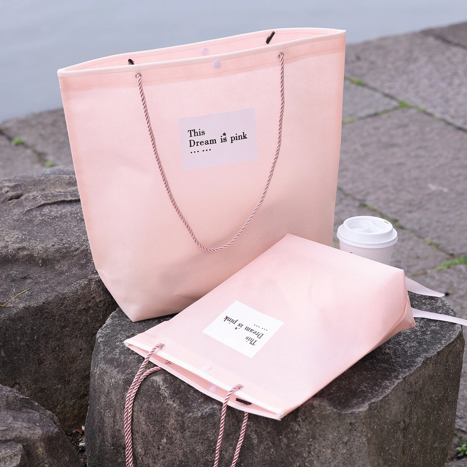 Rope-Handle Stitched Non-Woven Tote Bags — 8 Styles — Inverted Trapezoid — PinkWhite Block