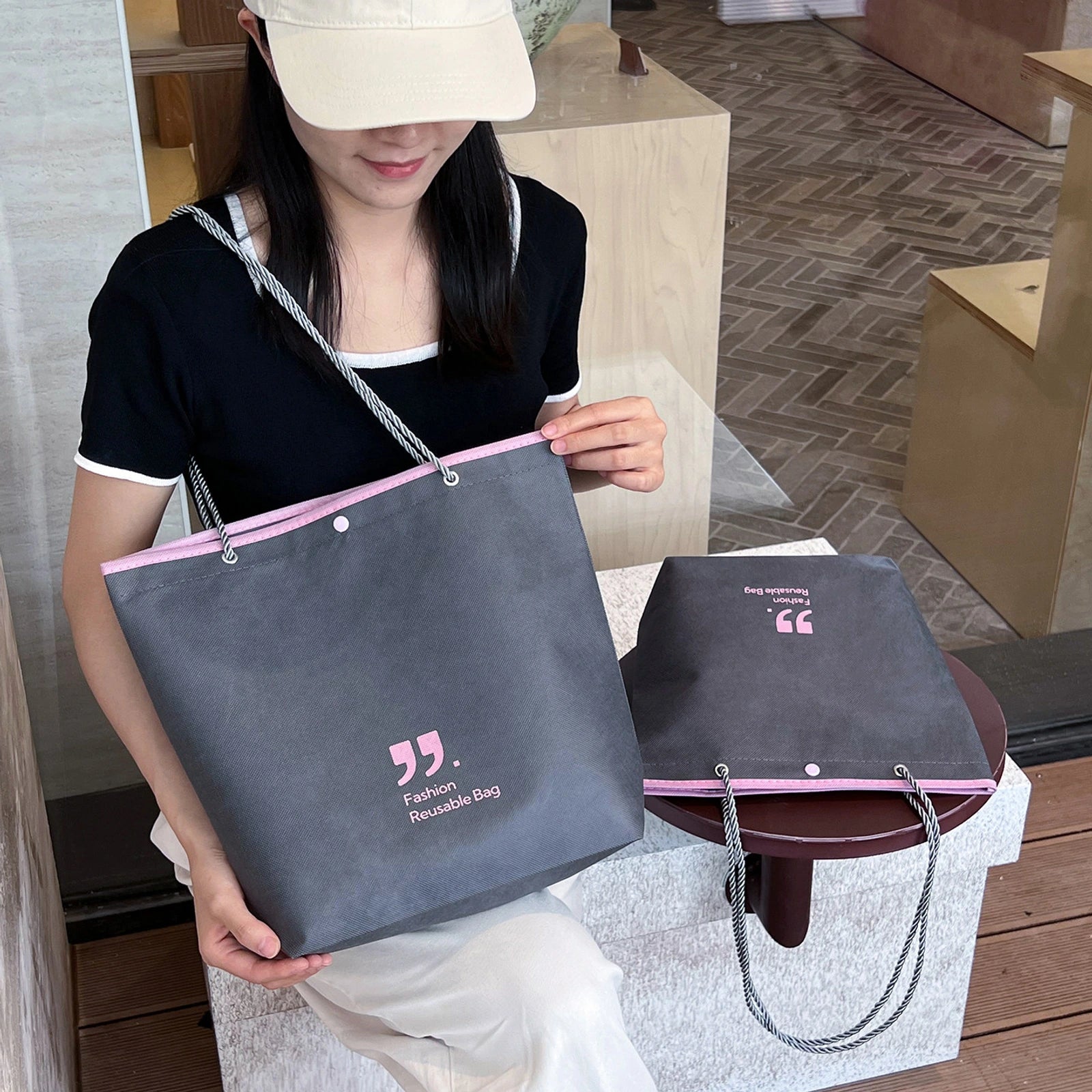 Rope-Handle Stitched Non-Woven Tote Bags — 8 Styles — Inverted Trapezoid — Premium Gray